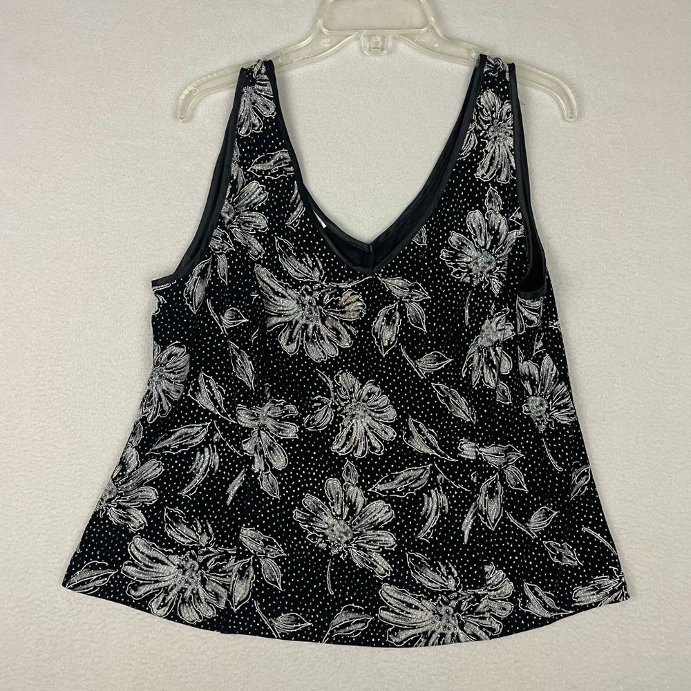 Vintage PATRA Womans Size 20 BLACK Top Lightweight Shirt Beaded Floral Design